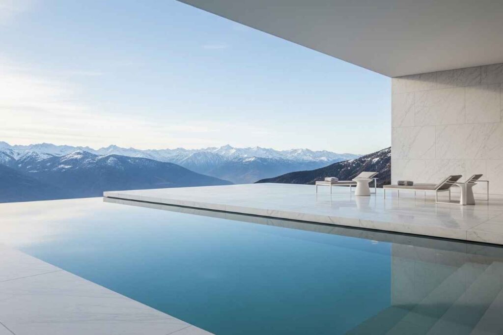 Minimalist infinity edge pool with sleek marble surrounds overlooking panoramic mountain views.