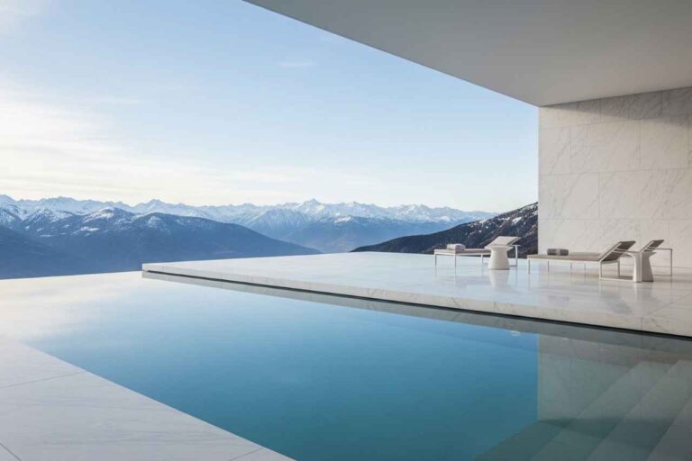 Minimalist infinity edge pool with sleek marble surrounds overlooking panoramic mountain views.