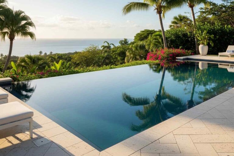 Luxury infinity edge pool with tropical landscaping and ocean views, featuring seamless vanishing edge design in Sydney.