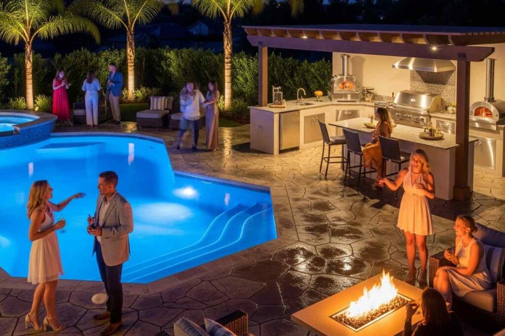Luxury backyard with illuminated pool, outdoor kitchen, and firepit where guests enjoy evening entertaining