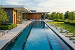 Modern luxury lap pool beside a contemporary Sydney estate with landscaped garden, and premium finishes