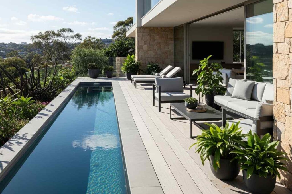 A narrow inground lap pool beside a modern Sydney home, with timber decking, lounge chairs, and lush greenery.