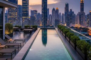 A luxurious rooftop lap pool overlooking the Sydney city skyline at dusk, surrounded by lounge chairs and modern outdoor seating.
