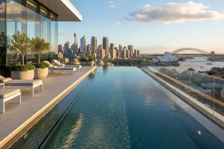 Luxury infinity pool on a Sydney rooftop with views of the Opera House, Harbour Bridge, and city skyline