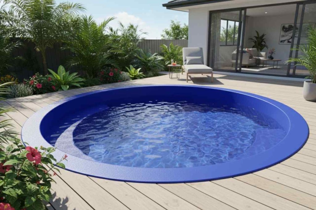 Round blue fibreglass plunge pool installed in a timber deck with tropical plants and modern outdoor lounge area.