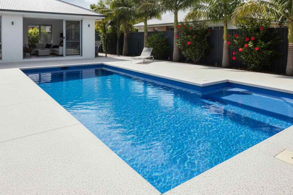 Large rectangular fibreglass swimming pool with white poolside paving, tropical plants, and a modern home in the background.