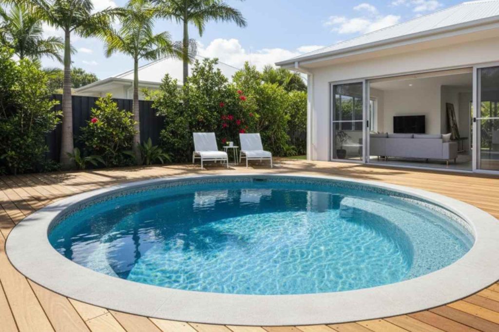 Modern backyard with a circular concrete plunge pool surrounded by timber decking, tropical palm trees, lush greenery, and a contemporary white house with sliding glass doors and lounge chairs by the pool.
