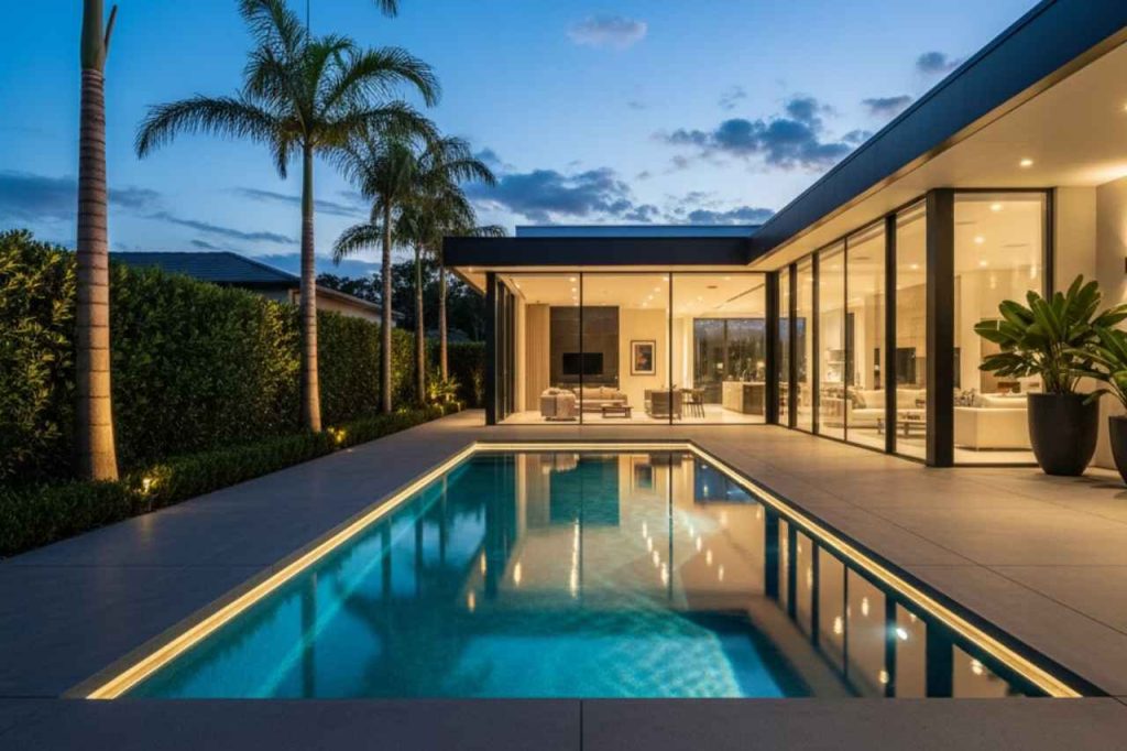 Modern luxury home with floor-to-ceiling glass walls overlooking a rectangular concrete plunge pool with glowing LED lights, surrounded by grey concrete decking, palm trees, and lush hedges at dusk.