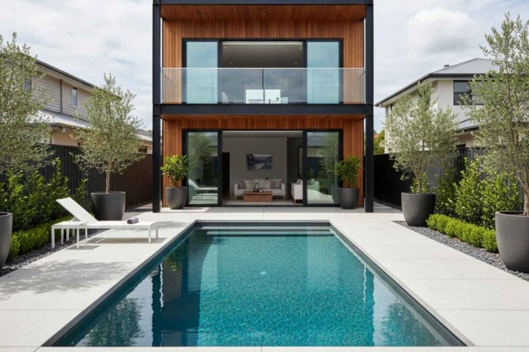 Contemporary two-story house with timber cladding and glass balcony, featuring a rectangular concrete plunge pool with grey concrete decking, potted trees, and a white sun lounger in a landscaped backyard.
