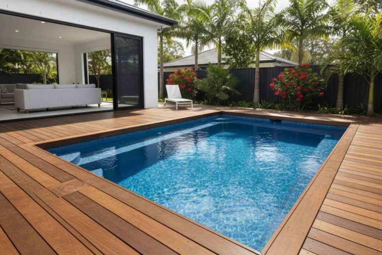 Modern backyard with a square concrete plunge pool surrounded by timber decking, tropical palm trees, red flowering plants, and a contemporary white house with sliding glass doors opening to a lounge area.