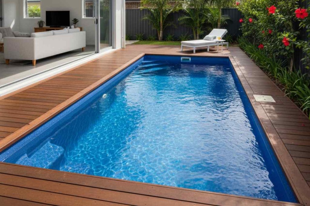 Narrow rectangular fibreglass plunge pool with timber decking, tropical plants, and modern outdoor lounge beside a home.