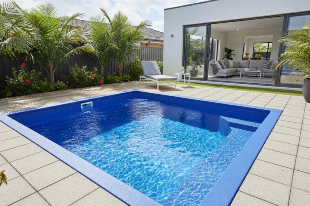 Modern square fibreglass plunge pool with tiled surrounds, tropical plants, and a contemporary home with sliding glass doors.