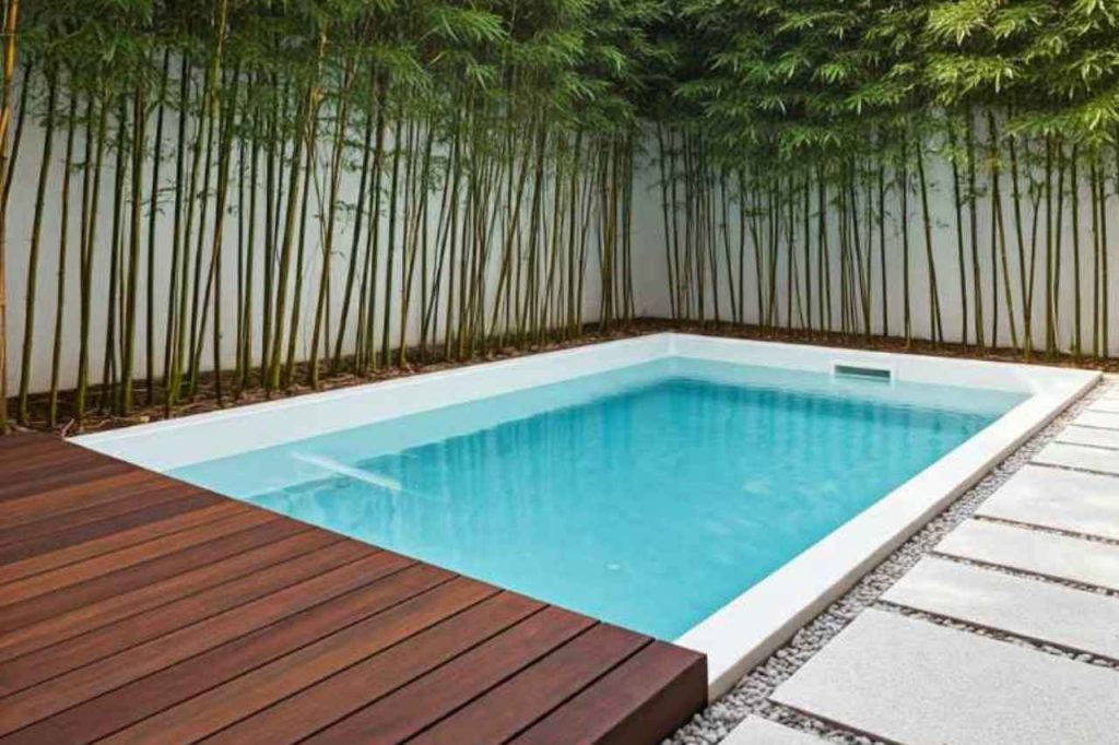 A precast inground plunge pool with light blue water, surrounded by bamboo plants, timber decking, and modern stone pavers in a private courtyard.