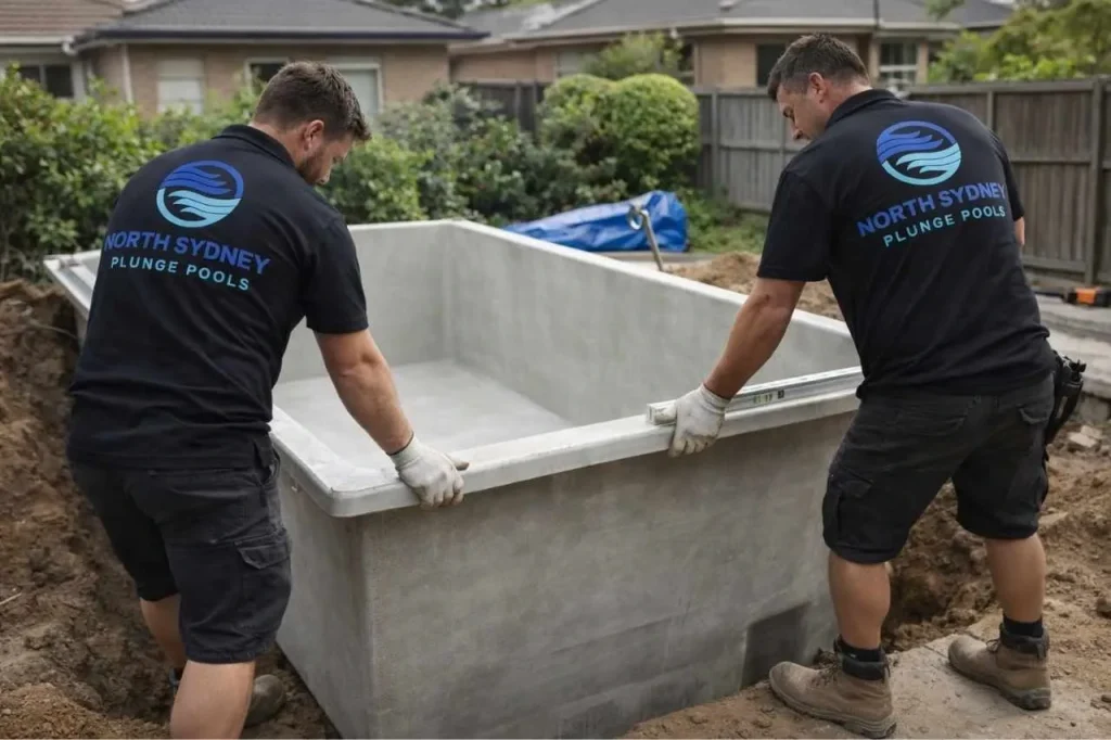 North Sydney Plunge Pools Team inspecting the newly placed precast shell to the ground.