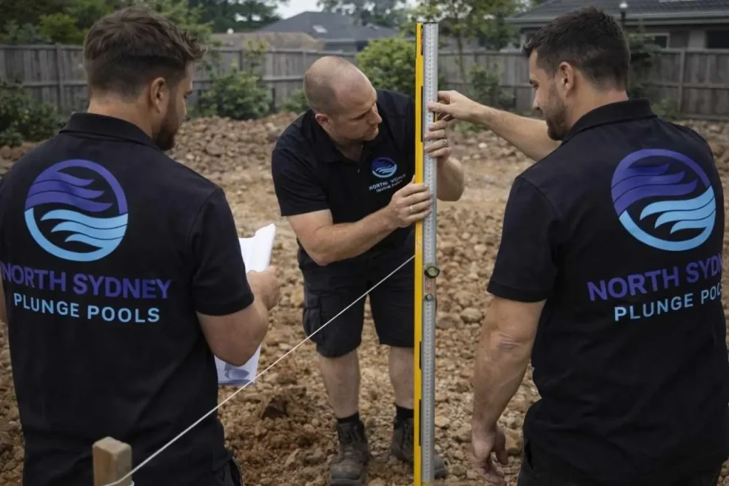 The 3 men from North Sydney Plunge Pools Team inspecting the evacuation area for placing the pool