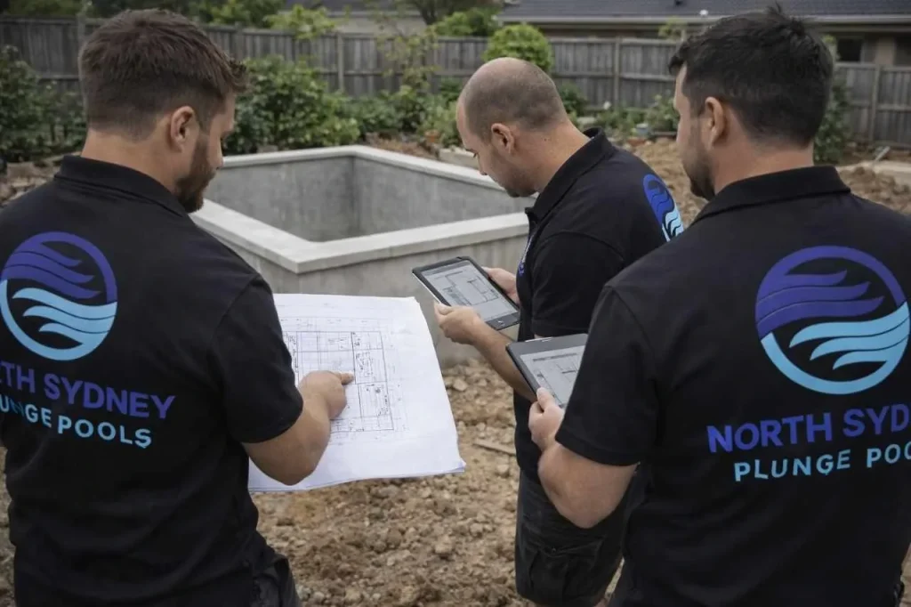 The 3 North Sydney Plunge Pools Team are reviewing the plan while on the site.