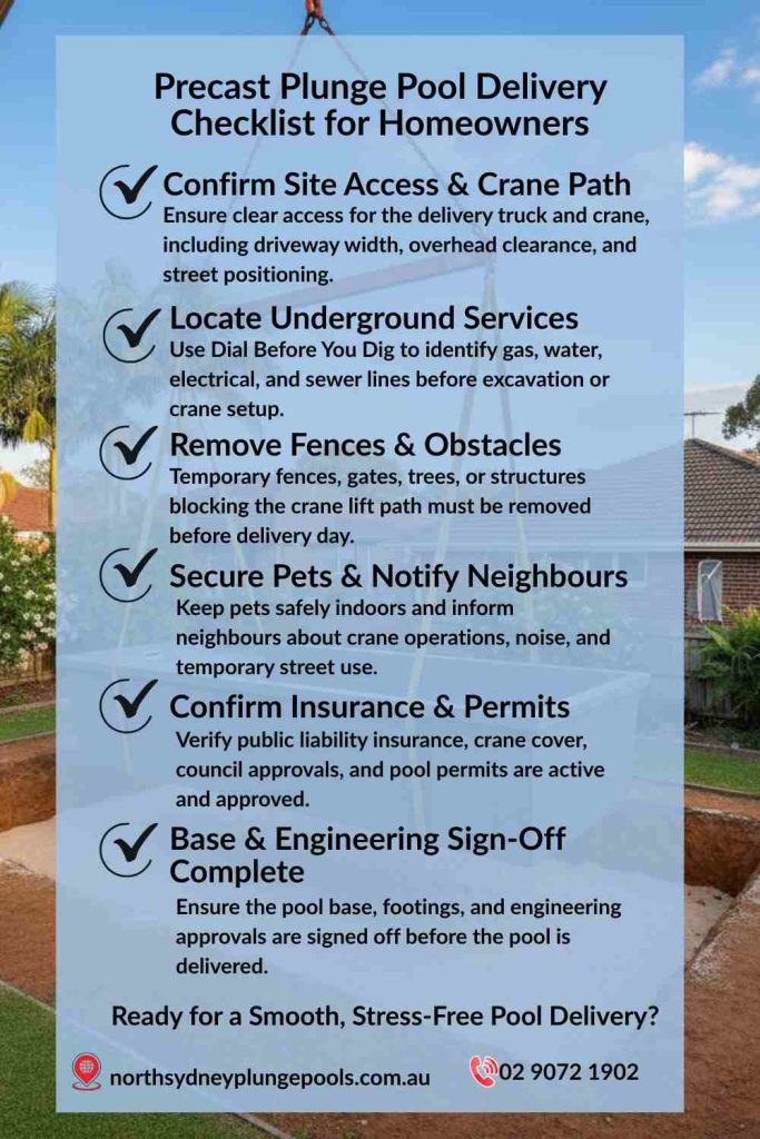 Precast plunge pool delivery checklist for homeowners showing site access, crane path, permits, underground services, and base preparation before installation