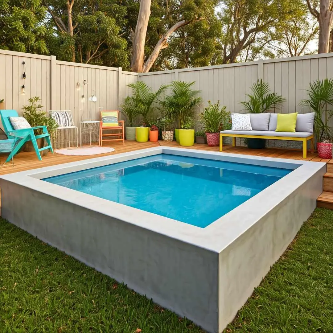 Modern above-ground concrete plunge pool with outdoor seating and landscaped backyard