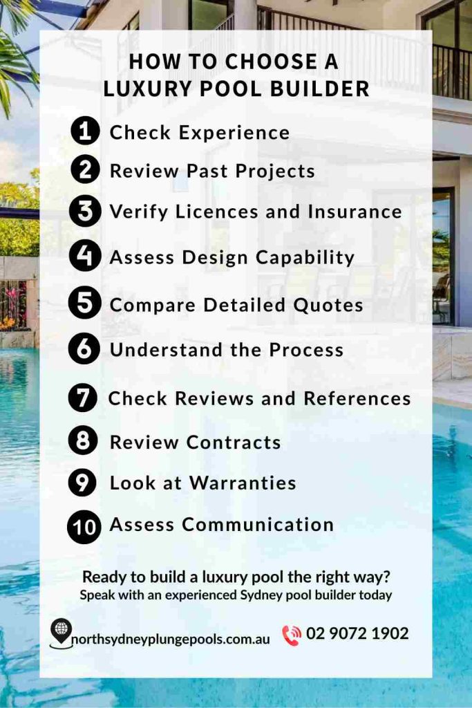 Step-by-step checklist on how to choose a luxury pool builder in Sydney, including experience, licences, design, pricing, and warranties