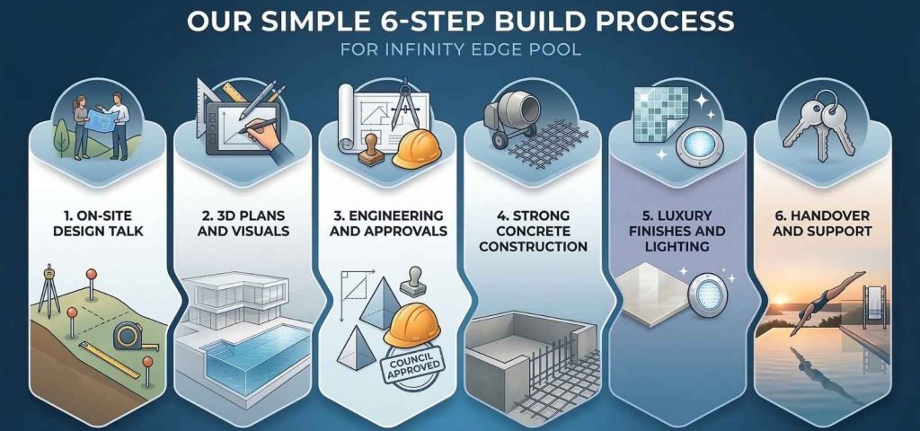 A 6-step infographic showing the construction process for an infinity edge pool. The steps include: 1. On-Site Design Talk, 2. 3D Plans and Visuals, 3. Engineering and Approvals, 4. Strong Concrete Construction, 5. Luxury Finishes and Lighting, and 6. Handover and Support. Each step features a modern icon illustrating the pool building journey on a dark blue and white background.