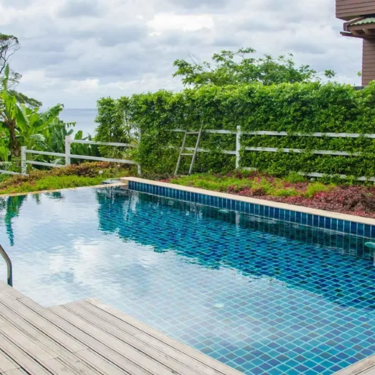 Rectangular tiled infinity swimming pool overlooking greenery and landscaped outdoor area