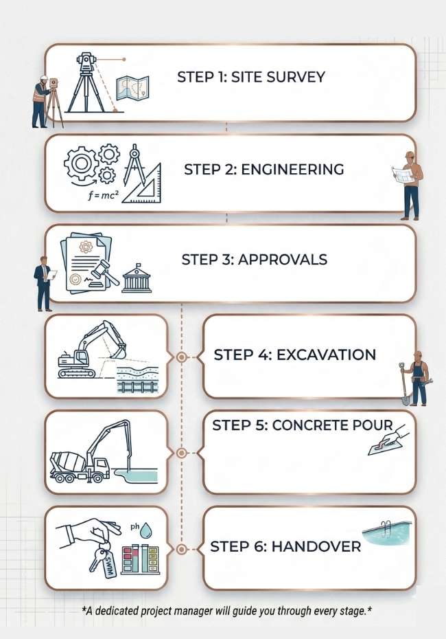 Lap Pool Process Infographics 1. Site Survey, 2. Engineering, 3. Approvals, 4. Excavation, 5. Concrete Pour, and 6. Handover. Each step features clean line-art icons in a premium gold and white layout.
