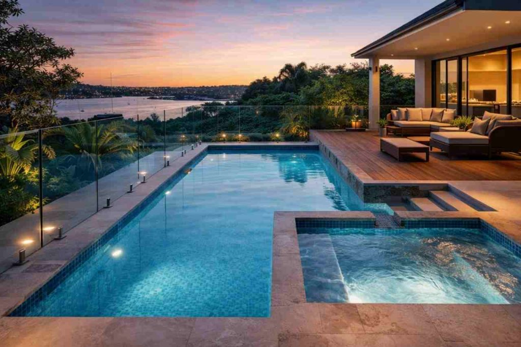Luxury plunge pool and spa in a modern Mosman Sydney backyard with harbour view, frameless glass pool fencing, timber decking, and ambient dusk lighting creating a resort-style outdoor space