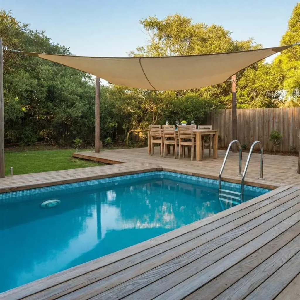 Backyard precast plunge pool with timber decking, shade sail, and outdoor dining setup in Castle Hill NSW
