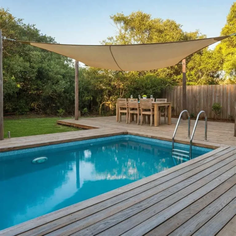 Backyard precast plunge pool with timber decking, shade sail, and outdoor dining area